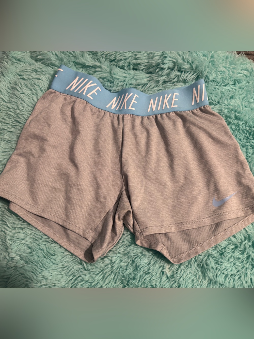 Nike Girls (kids) Light Gray Athletic Shorts with Light Blue Branded Waistband